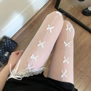 White Lolita Schoolgirl Fishnet Bow Stockings